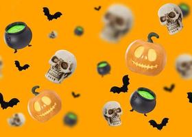 naadloos halloween patroon. halloween decoratie Aan oranje achtergrond. pompoen, knuppel, schedel, hoofd van de dood. eng en spookachtig behang, truc of traktatie, gelukkig halloween. 3d weergave. foto