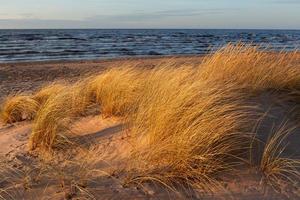 Baltisch zee kust met steentjes en ijs Bij zonsondergang foto