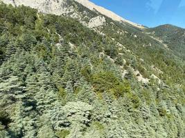 berg rivier- water landschap. wild turkoois rivier- in een berg kloof. rivier- keer bekeken van bovenstaand de Ravijn, Kaukasus bergen, dagestan, Rusland foto