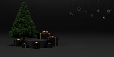 achtergrond 3d renderen voor Kerstmis en nieuw jaar met goud en zwart kleuren achtergrond. geschenk doos, pijnboom boom, sneeuwvlok, en cirkel podium in goud en zwart kleuren. 3d illustratie achtergrond. foto