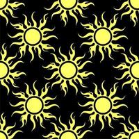 naadloos symmetrisch grafisch patroon van geel zonnen Aan een zwart achtergrond, textuur, ontwerp foto