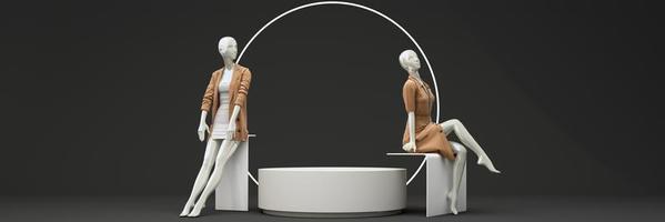 standbeeld van model- mannequin in goud voor presentatie van mode formeel kleren in een abstract concept. Aan steen pallet meetkundig Product stellage. isoleren Aan zwart achtergrond met Promotie uitverkoop. 3d renderen foto