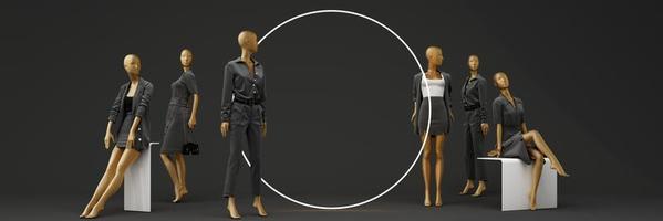 standbeeld van model- mannequin in goud voor presentatie van mode formeel kleren in een abstract concept. Aan steen pallet meetkundig Product stellage. isoleren Aan zwart achtergrond met Promotie uitverkoop. 3d renderen foto