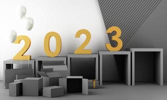 brieven goud structuur van 2023 in de concept van nieuw jaar, wit marmeren kleur tonen, omringd door meetkundig vormen voor weergeven de producten en geschenk dozen met transparant ballen. 3d renderen foto