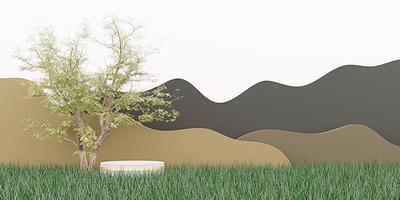 Product Scherm podium weiden bomen en bergen natuurlijk landschap 3d illustratie foto