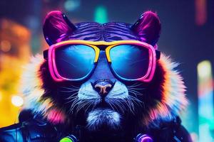 cyberpunk tijger met zonnebril, gekleed in neon kleur kleren foto