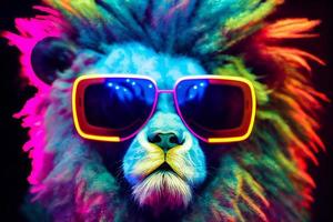 cyberpunk leeuw met zonnebril, gekleed in neon kleur kleren foto