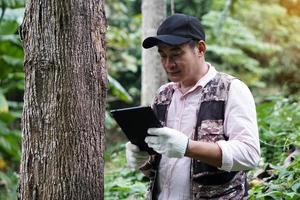 Aziatisch mannetje botanicus enquête en verzamelen informatie van botanisch planten door gebruik makend van slim tablet. concept, gebruik makend van slim apparaat technologie naar beheren milieu en Onderzoek bomen. foto