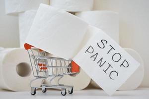 toilet papier rollen in een boodschappen doen trolley foto