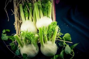 groene en witte venkelbollen op olijfhout foto