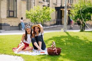 twee Dames hebben picknick samen, zittend Aan de plaid foto