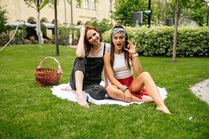 twee Dames hebben picknick samen, zittend Aan de plaid foto