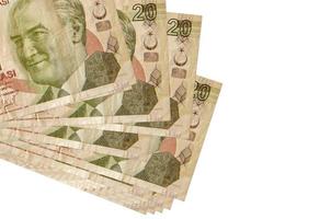20 Turks lira's rekeningen leugens in klein bundel of pak geïsoleerd Aan wit. mockup met kopiëren ruimte. bedrijf en valuta uitwisseling foto