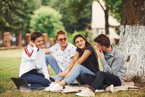 zittend in de buurt de boom. groep van jong studenten in gewoontjes kleren Aan groen gras Bij dag foto