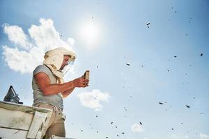 warm het weer. bijna Doorzichtig lucht. imker werken met honingraat vol van bijen buitenshuis Bij zonnig dag foto