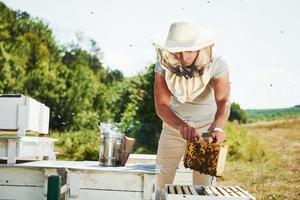 veel van netelroos. imker werken met honingraat vol van bijen buitenshuis Bij zonnig dag foto