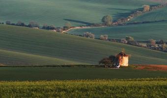 majestueus landschap van veld- in de avond. windmolen in de centrum van weide foto