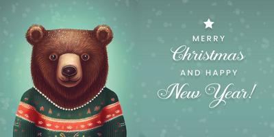 Kerstmis banier met schattig beer welp vervelend lelijk Kerstmis trui. foto