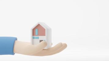3d veroorzaken. architectuur, gebouw, bouw, echt landgoed en eigendom concept - detailopname van handen Holding een model- van een huis of huis foto