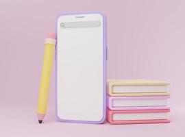 3d renderen illustratie tekenfilm minimaal smartphone wit scherm met boek online onderwijs pictogrammen, banier website, sollicitatie, bladzijde, platform foto