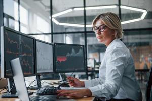 vrouw effectenmakelaar in formeel kleren werken in de kantoor met financieel markt foto