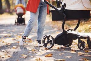 dichtbij omhoog visie. moeder in rood jas hebben een wandelen met haar kind in de kinderwagen in de park Bij herfst tijd foto