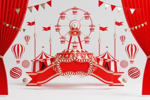 3d amusement park, circus, carnaval eerlijk thema podium met veel ritten en winkels circus tent 3d illustratie foto