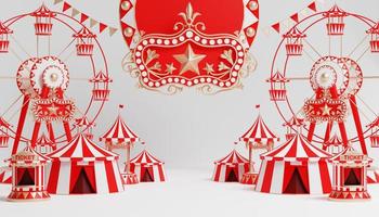 3d amusement park, circus, carnaval eerlijk thema podium met veel ritten en winkels circus tent 3d illustratie foto