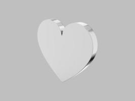 vlak metaal hart. symbool van liefde. zilver een kleur. Aan een duidelijk grijs achtergrond. Rechtsaf kant visie. 3d weergave. foto