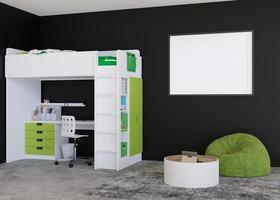 leeg horizontaal afbeelding kader Aan zwart muur in modern kind kamer. bespotten omhoog interieur in hedendaags, Scandinavisch stijl. vrij, kopiëren ruimte voor afbeelding. bed, speelgoed. knus kamer voor kinderen. 3d weergave. foto