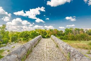 rots steen brug aan de overkant klein vijver met groen bomen onder blauw lucht. historisch landschap, idylle foto