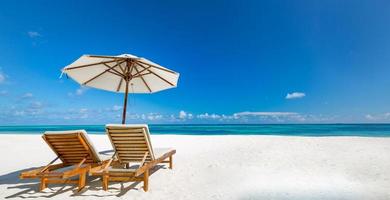 mooi tropisch strand spandoek. wit zand en kokosnoot palmen en strand stoelen net zo breed panorama achtergrond concept. verbazingwekkend strand landschap, romantisch tafereel voor paar of huwelijksreis reizen bestemmingen foto