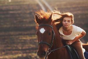 jong vrouw in beschermend hoed met haar paard in landbouw veld- Bij zonnig dag foto