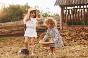 twee weinig meisjes samen Aan de boerderij Bij zomertijd hebben weekend foto