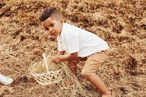 schattig weinig Afrikaanse Amerikaans jongen is Aan de boerderij Bij zomertijd foto