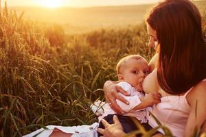 gelukkig moeder borstvoeding geeft haar zoon Aan de veld- Bij zonnig dag tijd van zomer foto