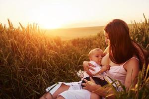 gelukkig moeder borstvoeding geeft haar zoon Aan de veld- Bij zonnig dag tijd van zomer foto