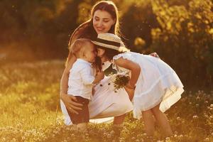 gelukkig familie van moeder, weinig zoon en dochter uitgeven vrij tijd Aan de weide Bij zonnig dag tijd van zomer foto