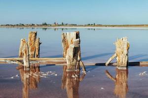 houten obstakels in de zee van jarilgach eiland, Oekraïne. Bij dag foto