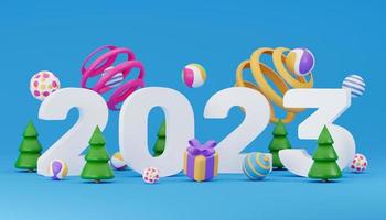 2023 nieuw jaar 3d geven illustratie. gelukkig nieuw jaar 2023. aantal realistisch 3d geven teken. feestelijk realistisch decoratie. vieren partij web poster, banier, Hoes kaart, brochure, folder foto