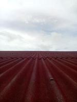 detailopname van rood dak omslag. betegeld dak met lucht achtergrond foto