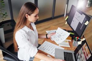 bezig dag. jong volwassen vrouw in formeel kleren is binnenshuis in de kantoor foto