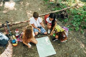 zittend Aan de grond. kinderen wandelen in de Woud met reizen uitrusting foto