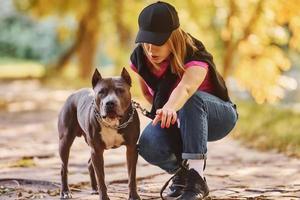 spelen samen. vrouw in gewoontjes kleren is met pit stier buitenshuis foto