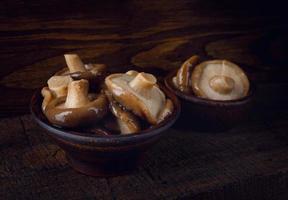 heerlijk gepekeld champignons in een mooi keramisch kop . foto