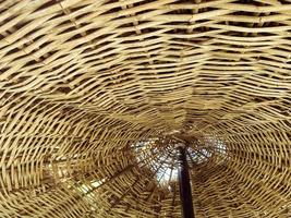 laag hoek visie van rieten dak parasol tegen Doorzichtig lucht. foto