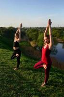 twee jong blond haar meisjes in sport- pakken praktijk yoga Aan een pittoreske groen heuvel in de Open lucht in de avond. de concept van sport oefenen en gezond levensstijlen. foto