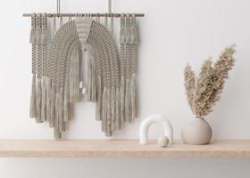 handgemaakt macrame hangende Aan de muur. muur decor in boho stijl, gemaakt van katoen draden in natuurlijk kleur gebruik makend van de macrame techniek. mooi macrame muur paneel, vaas met pampa gras. 3d weergave. foto