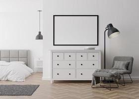 leeg afbeelding kader Aan wit muur in modern slaapkamer. bespotten omhoog interieur in hedendaags stijl. vrij, kopiëren ruimte voor uw afbeelding, poster. bed, fauteuil, troosten, lamp. 3d weergave. foto