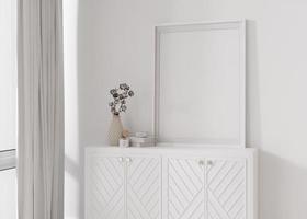 leeg verticaal afbeelding kader staand Aan wit dressoir in modern leven kamer. bespotten omhoog interieur in hedendaags stijl. vrij, kopiëren ruimte voor afbeelding. troosten, katoen fabriek. dichtbij omhoog. 3d weergave. foto